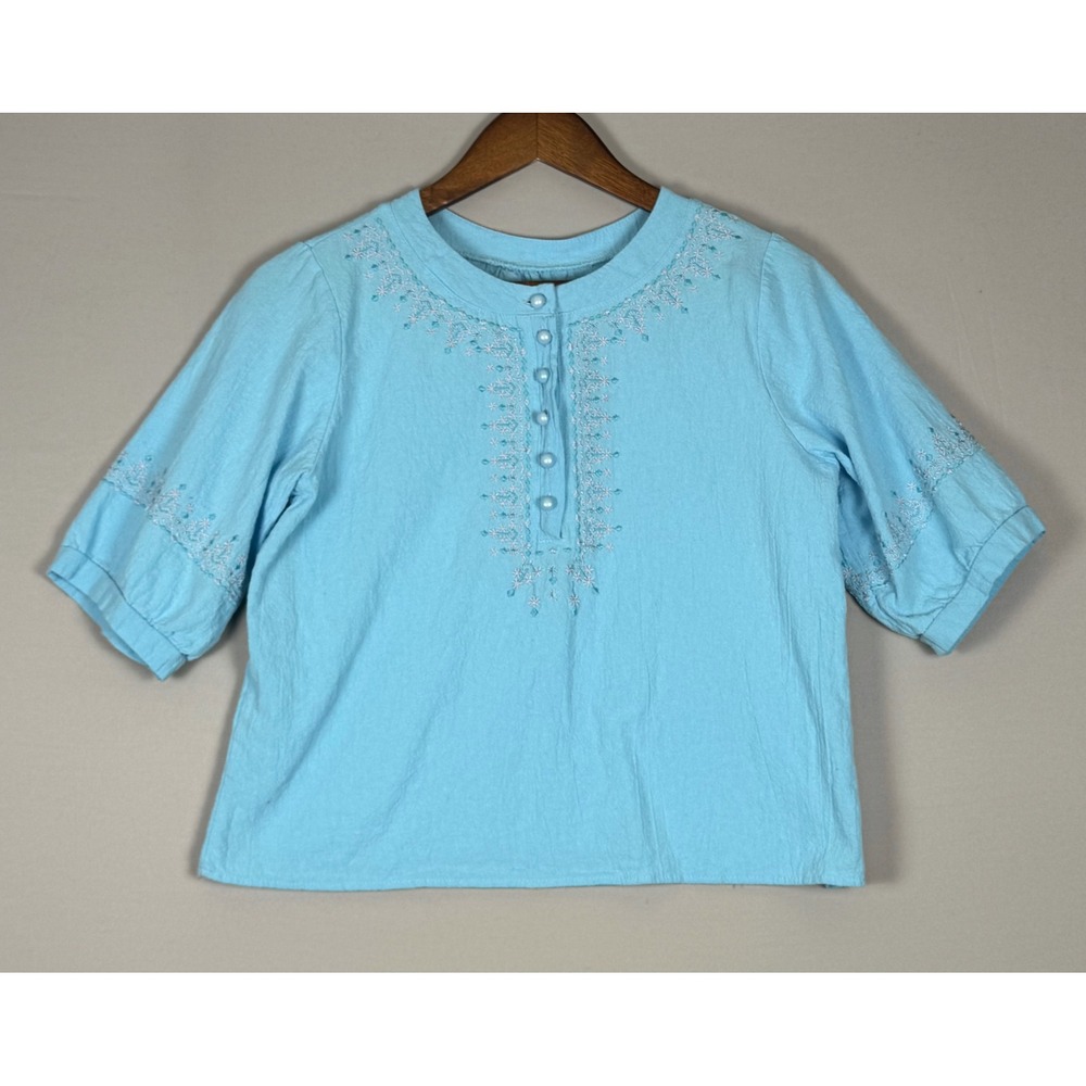 Unbranded Blouse Women Medium Blue Excellent Embroidered Boho Cottagecore Top